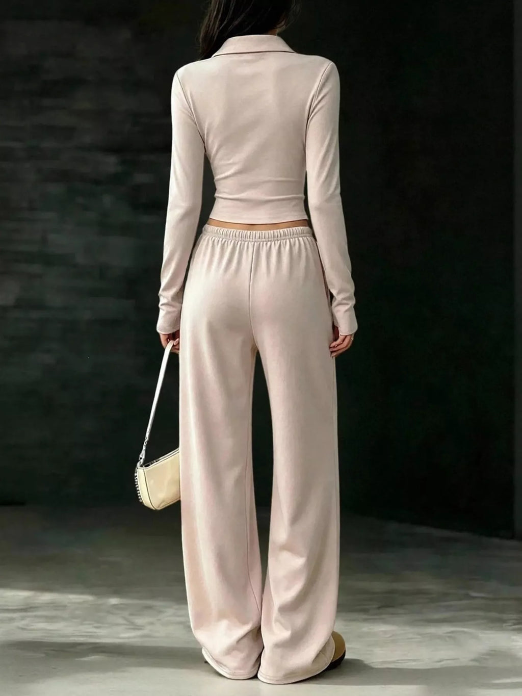 Solid Color Long Sleeve Polo Collar Top Wide Leg Pants Set (5)