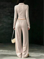 Solid Color Long Sleeve Polo Collar Top Wide Leg Pants Set (5)