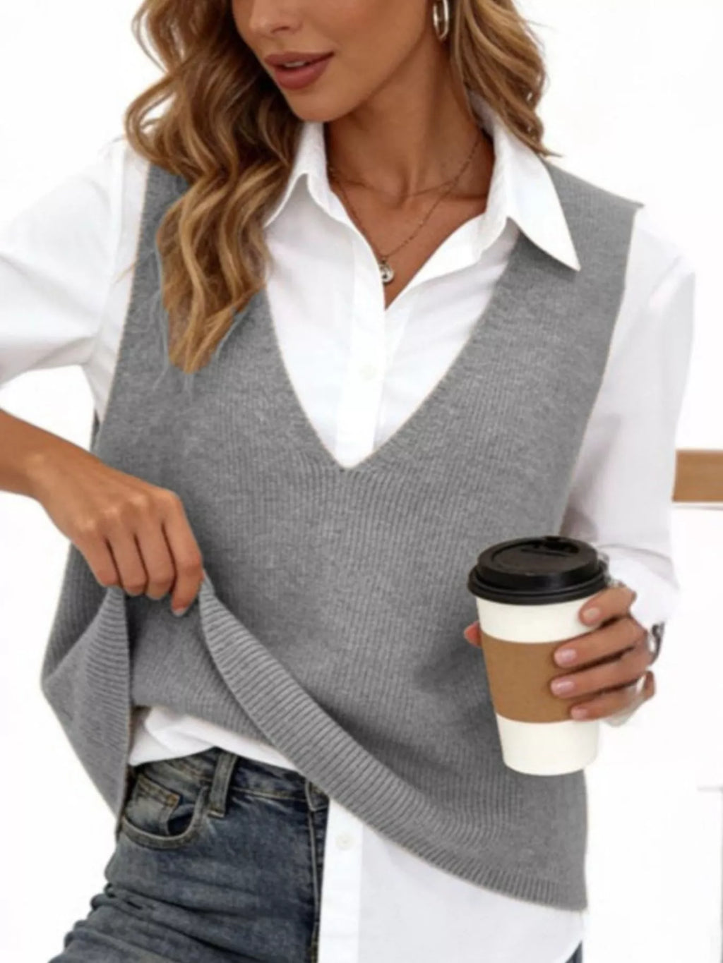 Full Size Chic V-neck Sleeveless Knit Sweater Vest Plus (5)