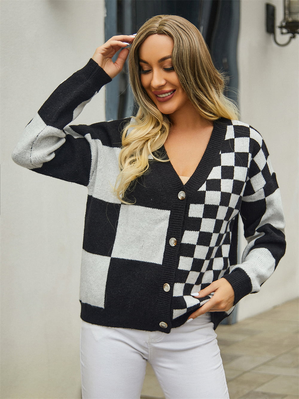 Plaid V-neck Dropped Shoulder Cardigan (7)