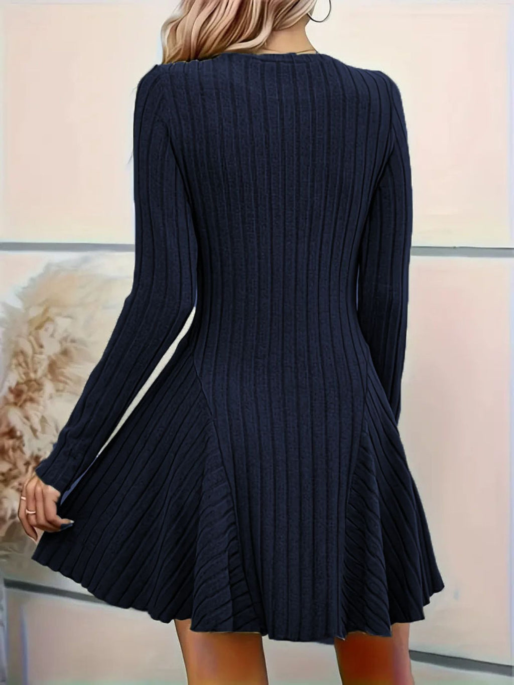 Ribbed Knit Long Sleeve A-line Dress (17)