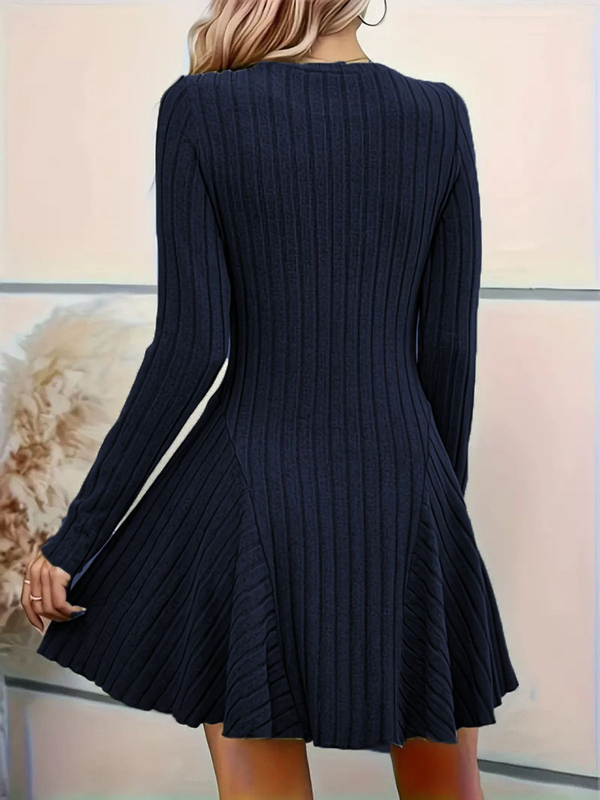 Ribbed Knit Long Sleeve A-line Dress (17)
