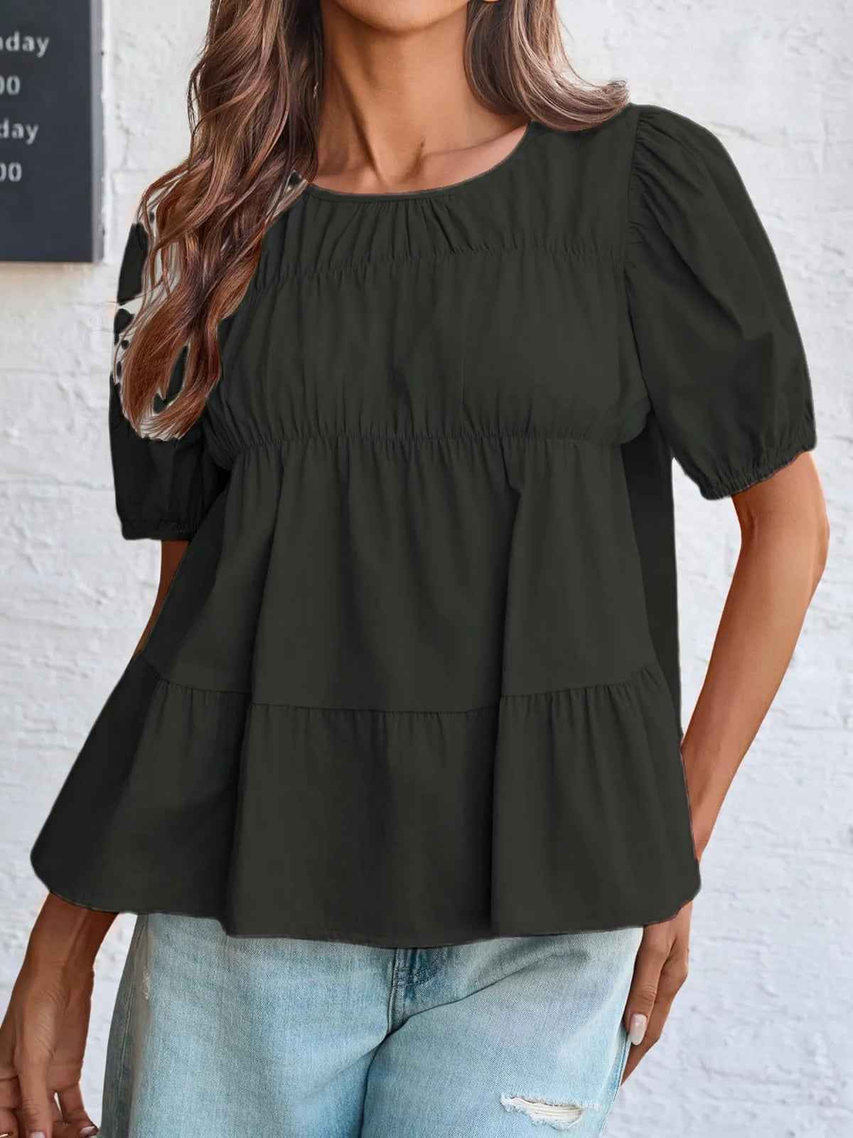 Round Neck Puff Sleeve Tiered Blouse (5)