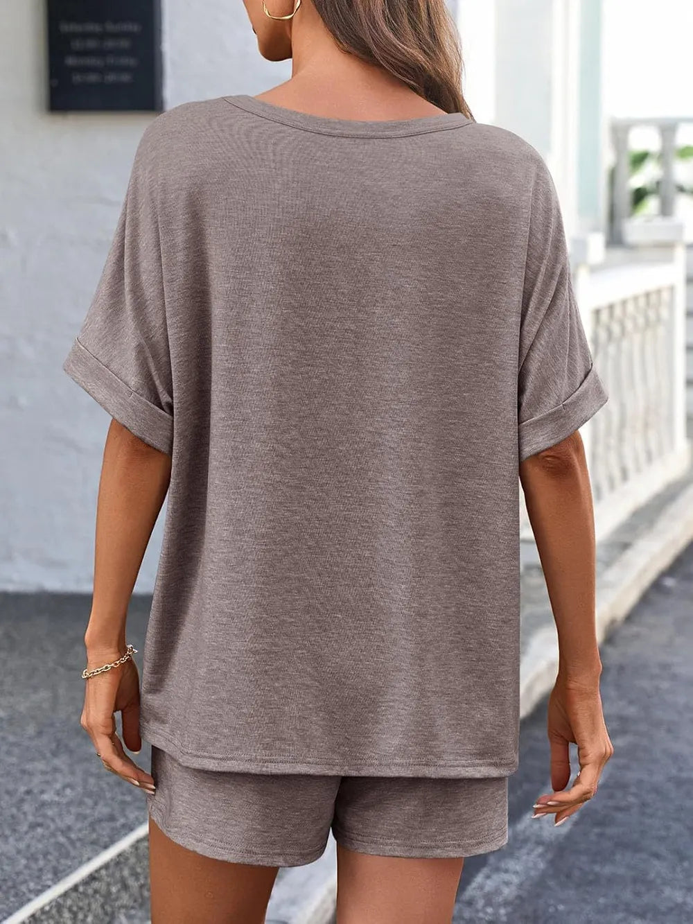 Round Neck T-shirt Drawstring Shorts Set (12)