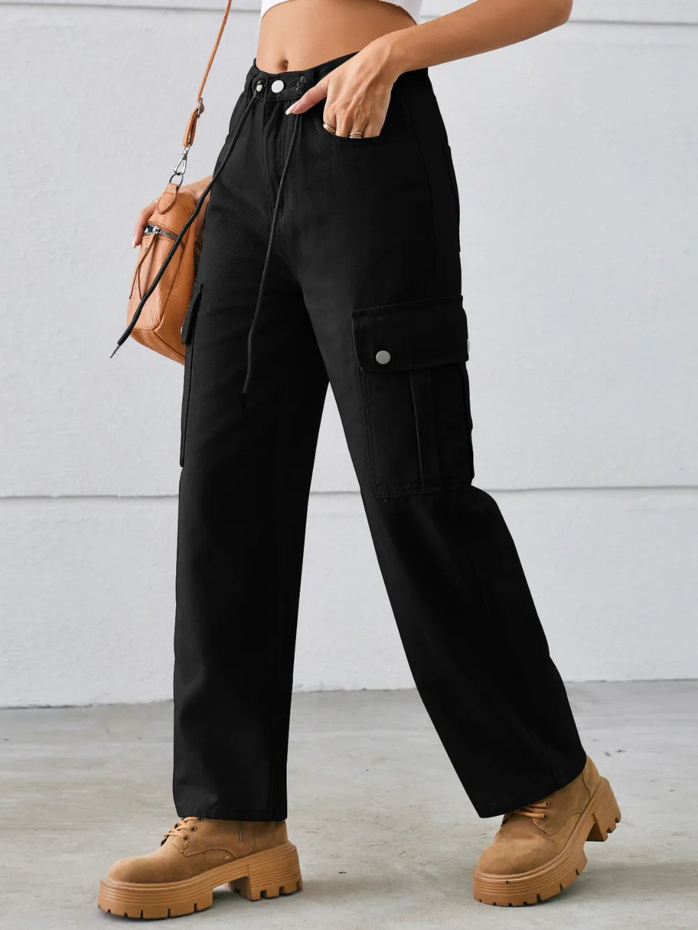 Drawstring Mid-rise Waist Straight Cargo Jeans (2)