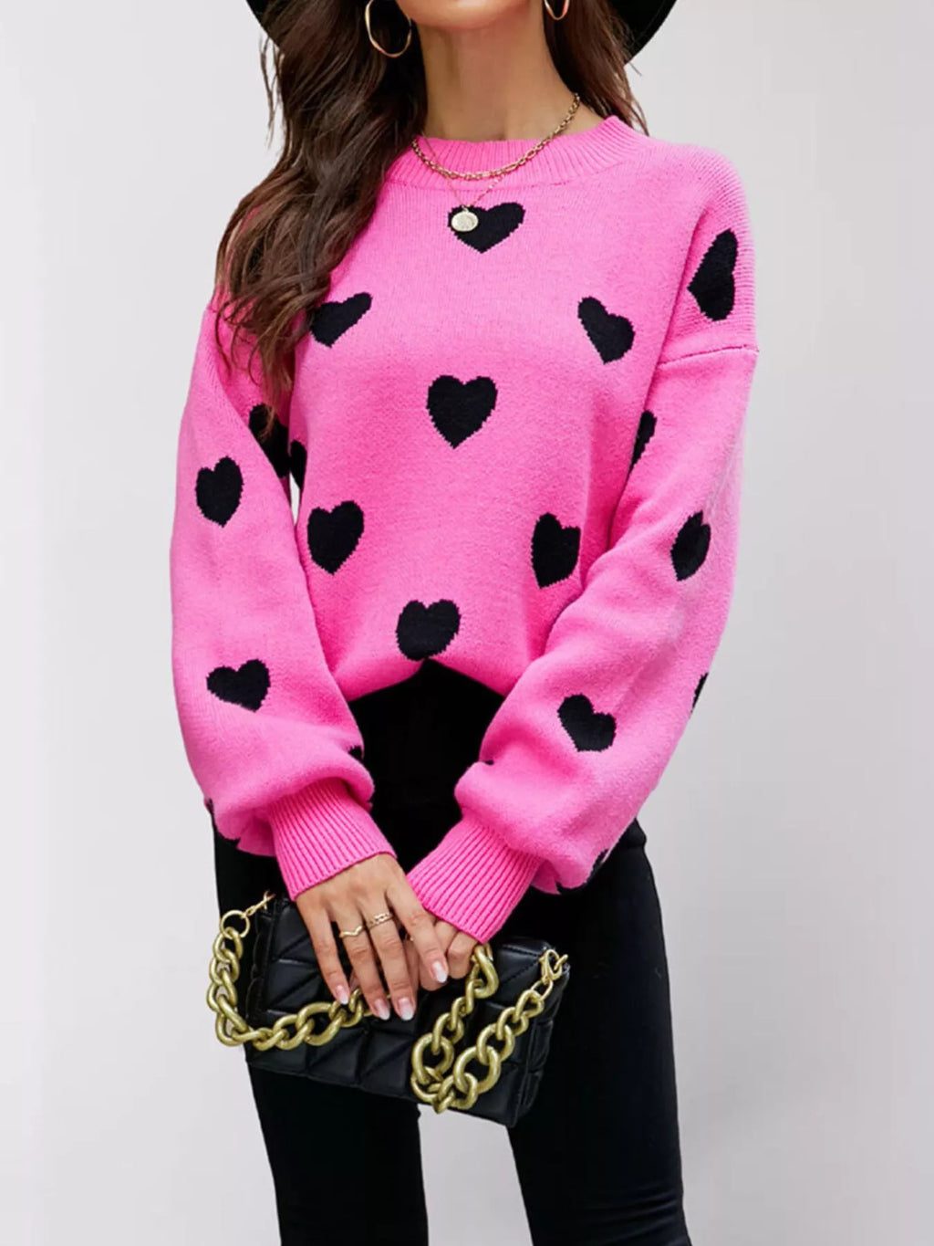 Heart-patterned Dropped Shoulder Sweater (2)
