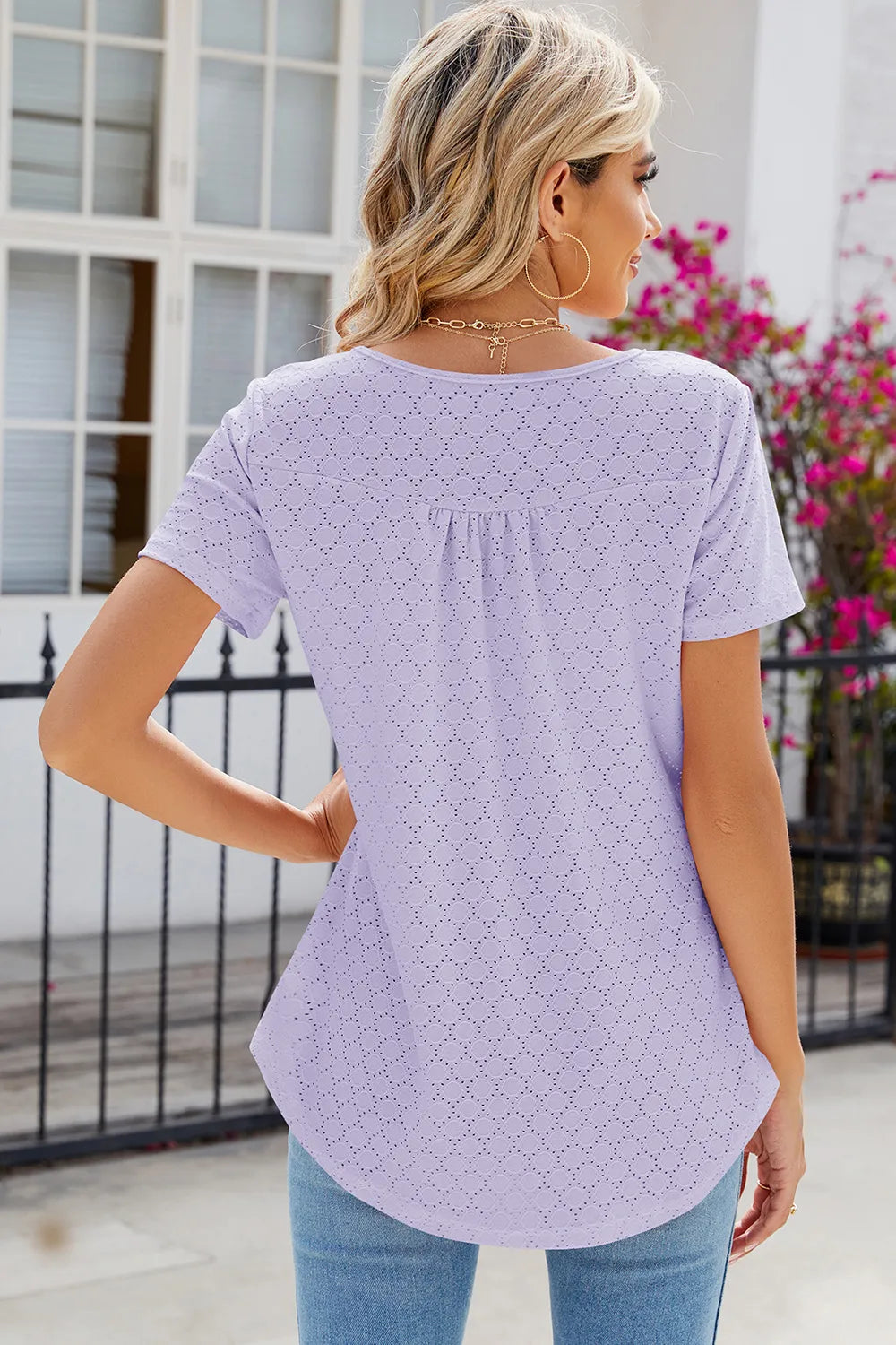 Eyelet Quarter Button Short Sleeve T-shirt (32)