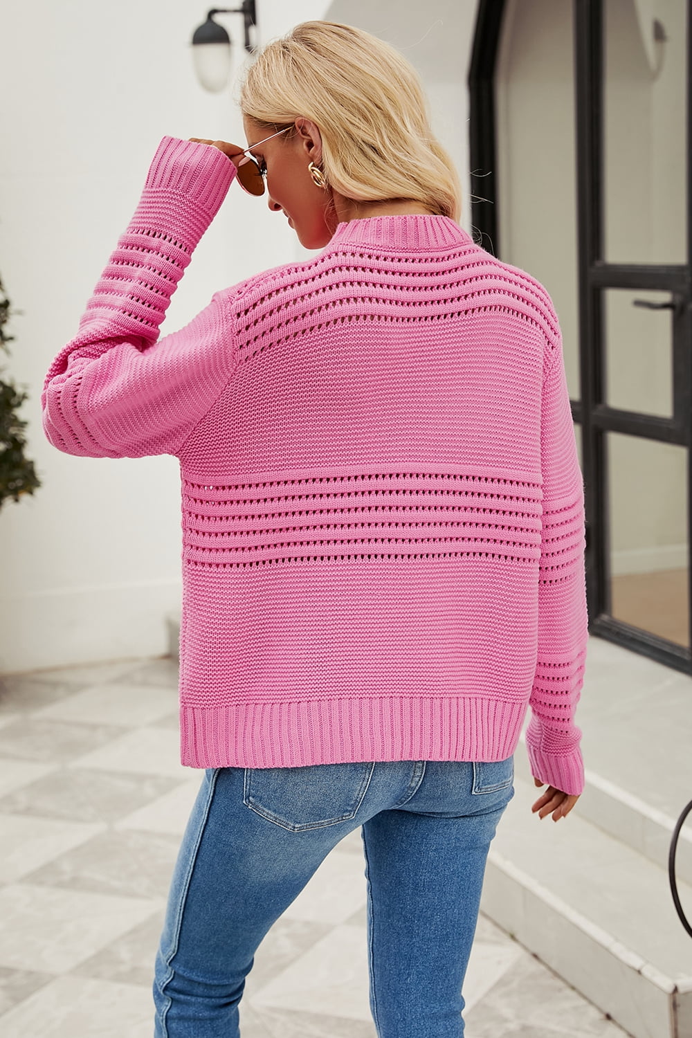 Round Neck Openwork Long Sleeve Pullover Sweater (2)