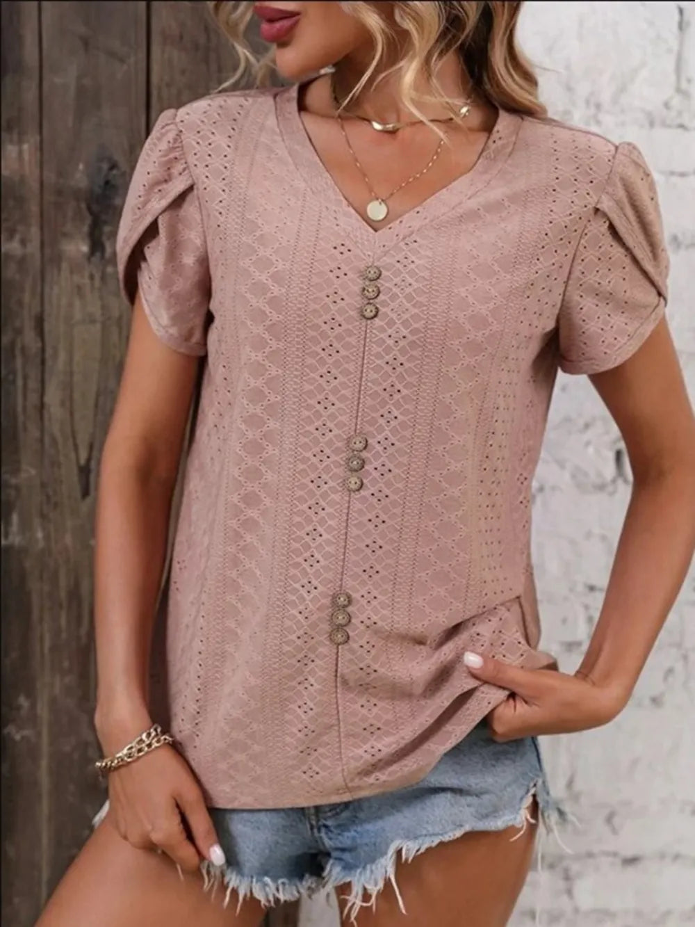 Eyelet V-neck Petal Sleeve T-shirt
