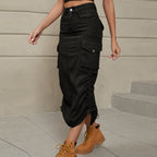 Drawstring Ruched Slit Denim Midi Skirt (10)