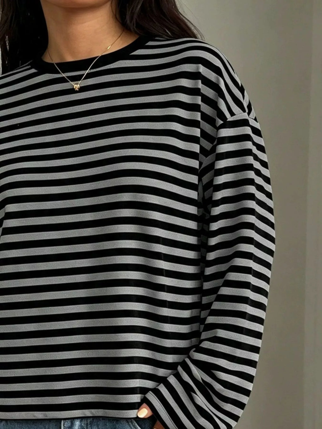 Full Size Casual Long-sleeve Striped Crew Neck T-shirt Plus (2)