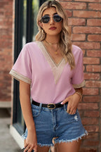 Openwork V-neck Short Sleeve T-shirt (11)