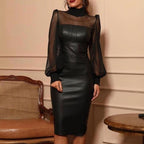 Black Mesh Stitching Tight Leather Skirt photo 2
