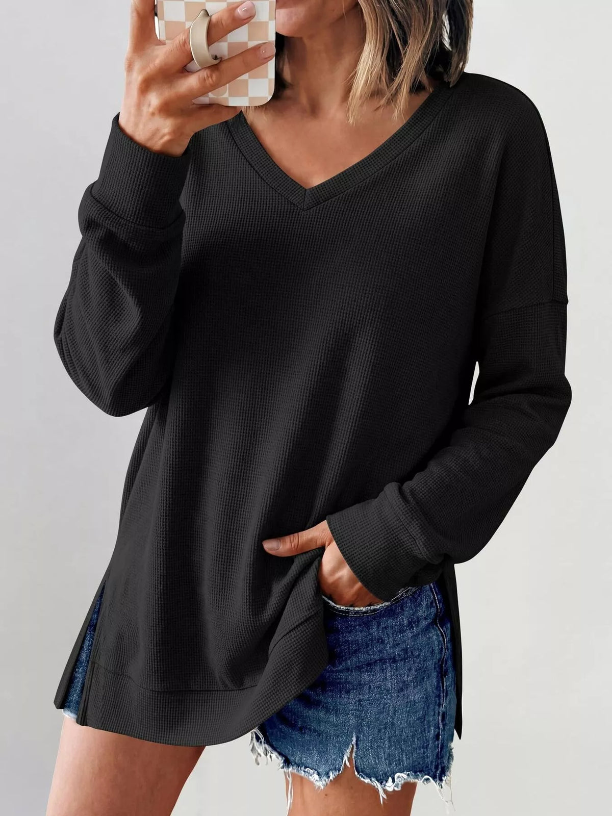 Side Slit Waffle Knit V-neck T-shirt