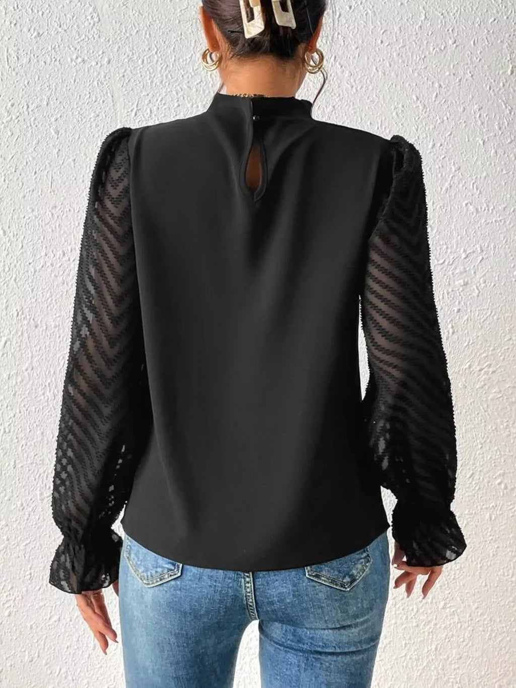 Mock Neck Sheer Lace Sleeve Blouse (9)