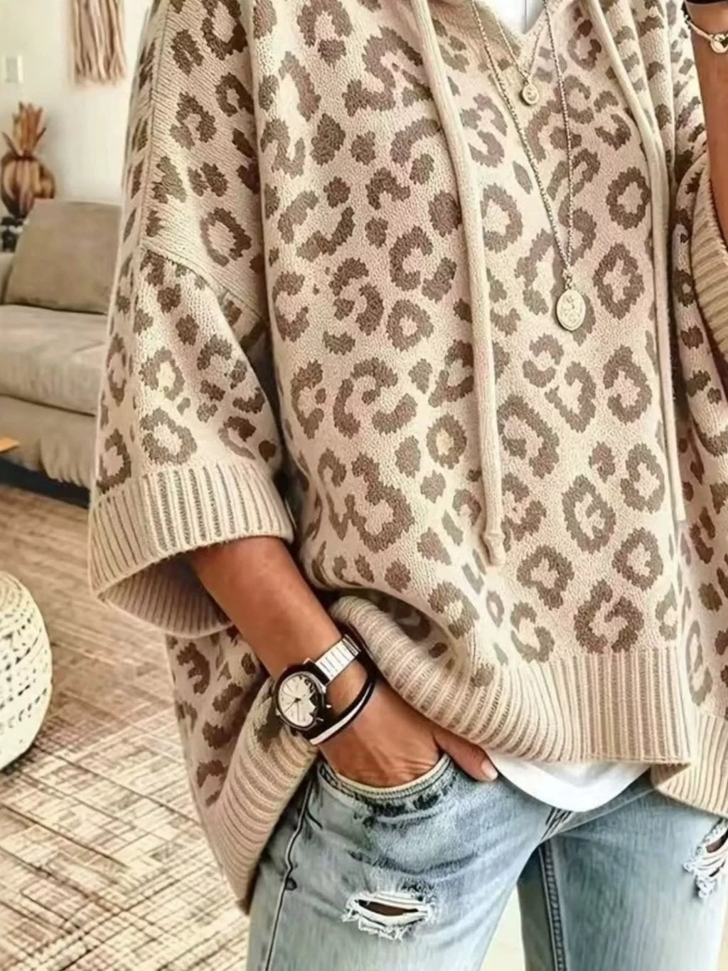 Leopard Print Hooded Knit Sweater (2)