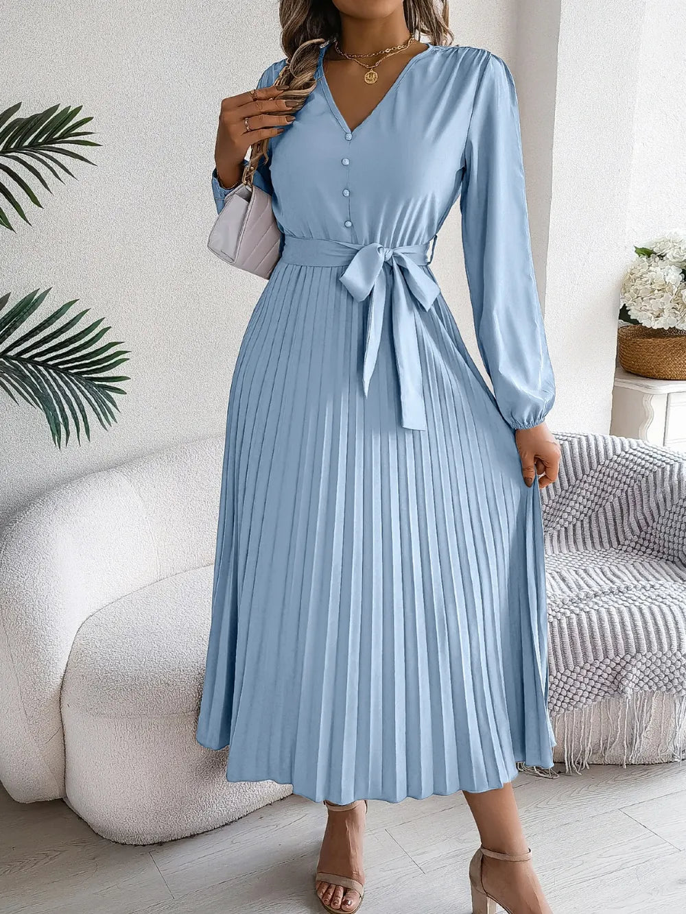 Pleated Tied V-neck Long Sleeve Dress (11)