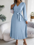 Pleated Tied V-neck Long Sleeve Dress (11)
