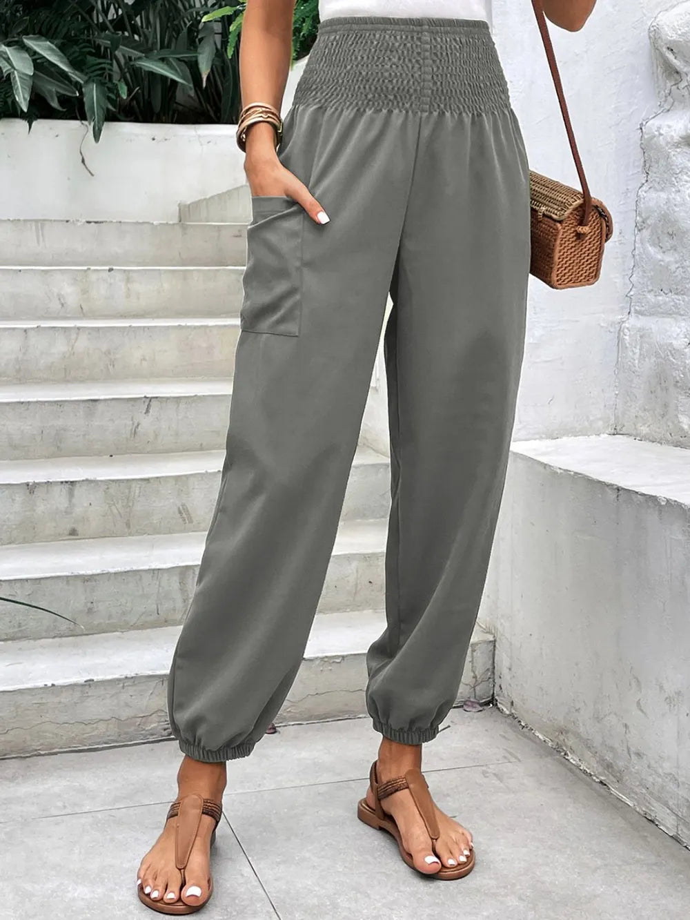 Smocked High Rise Joggers Pockets (14)