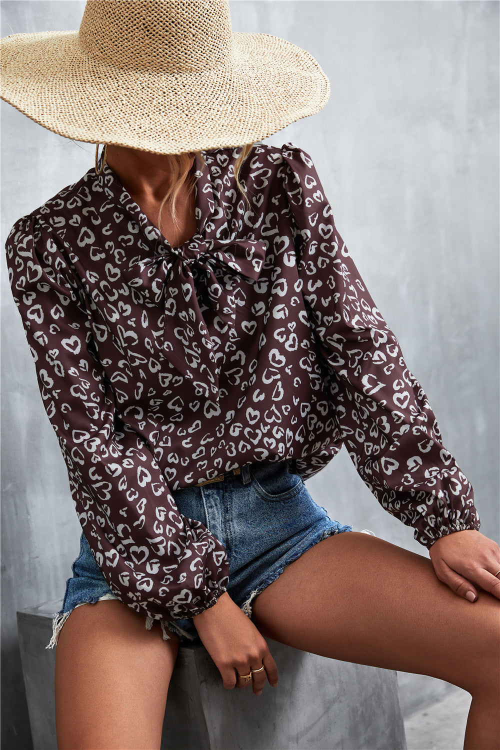 Printed Tie Neck Puff Sleeve Blouse (9)