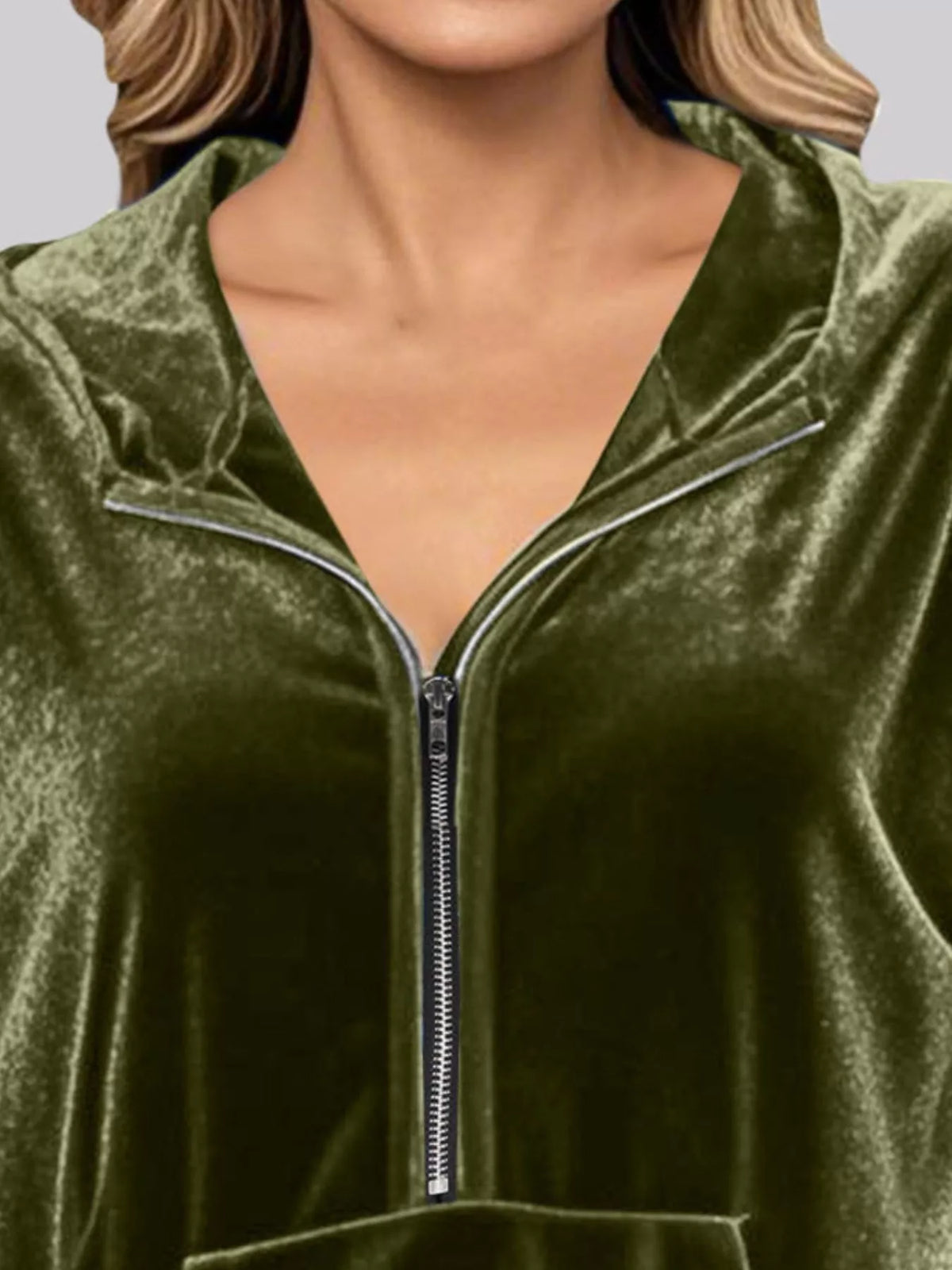 Full Size Velvet Half Zip Hoodie Kangaroo Pocket Plus (2)