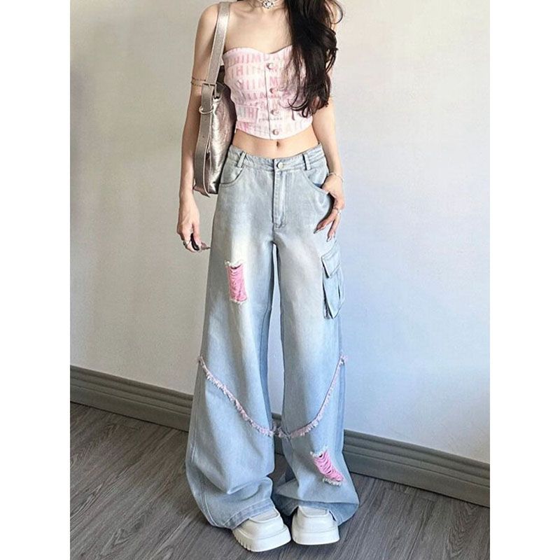 Ripped Cargo Jeans High Waist Baggy Straight Trousers photo 5