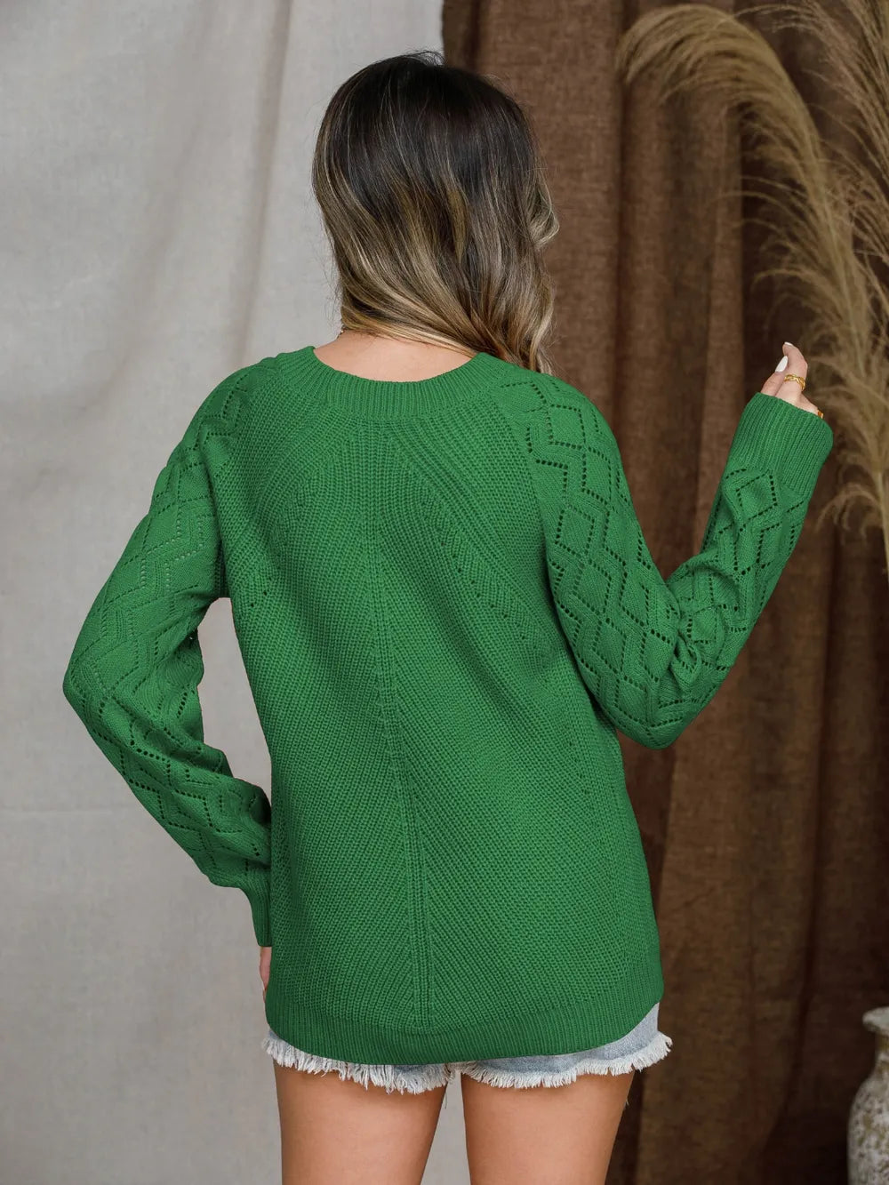 Openwork Round Neck Raglan Sleeve Sweater (12)
