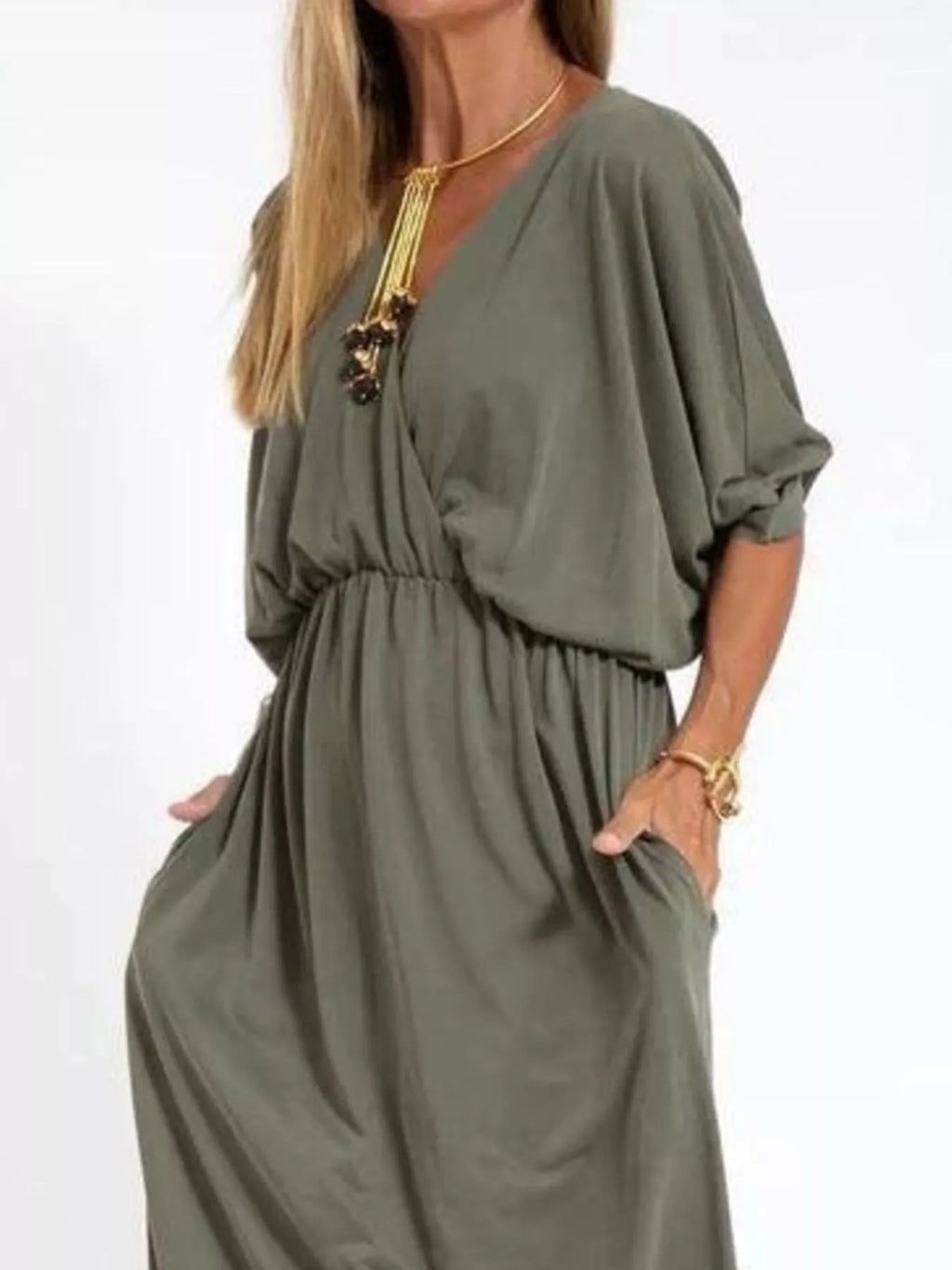 Full Size V-neck Batwing Sleeve Maxi Dress Side Slits Plus (6)