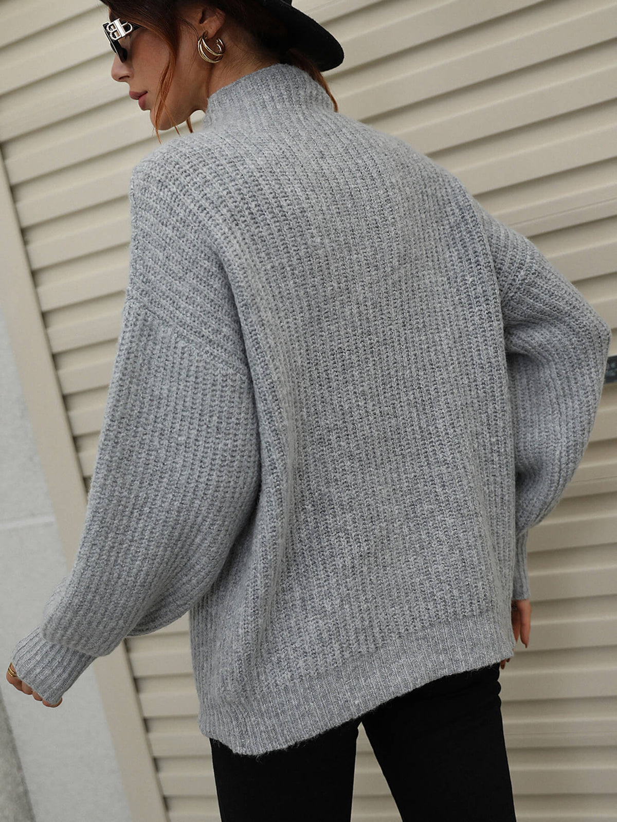 High Neck Balloon Sleeve Rib-knit Pullover Sweater (16)