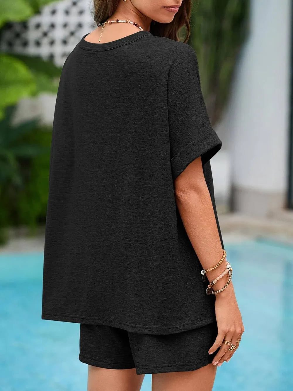 Round Neck T-shirt Drawstring Shorts Set (7)