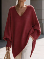 Full Size V-neck Oversized Batwing Sleeve Sweater Plus