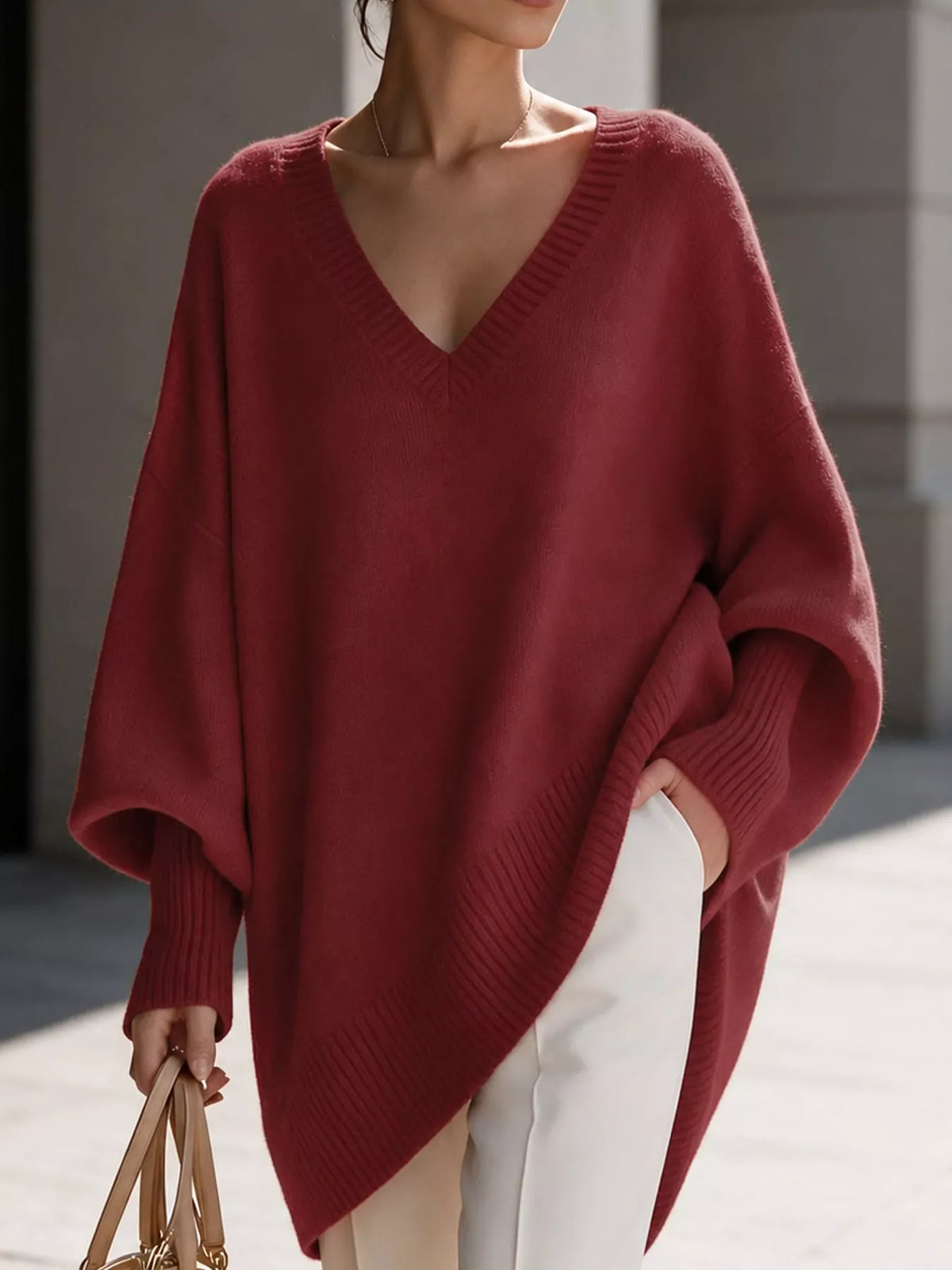 Full Size V-neck Oversized Batwing Sleeve Sweater Plus