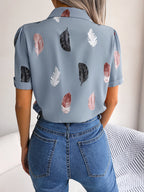 Feather Print Lapel Collar Puff Sleeve Shirt (6)