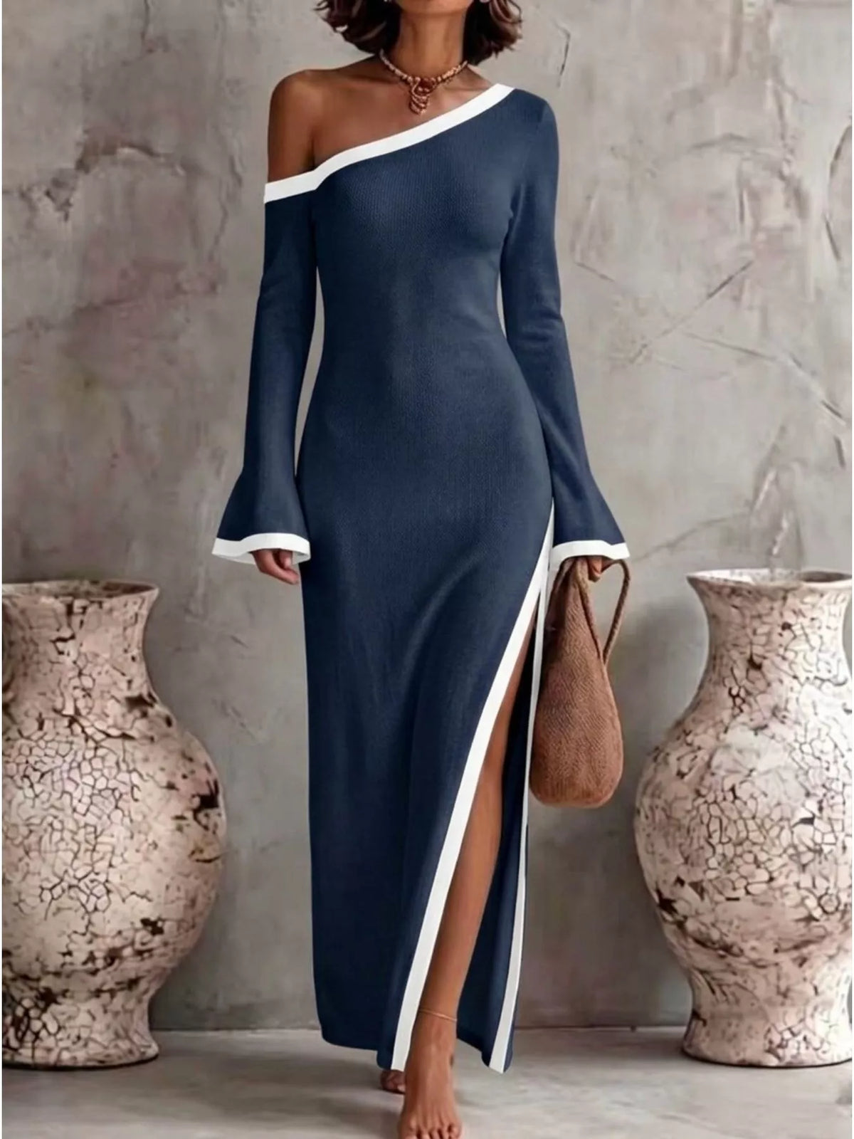 Slit One-shoulder Contrast Trim Maxi Dress (3)