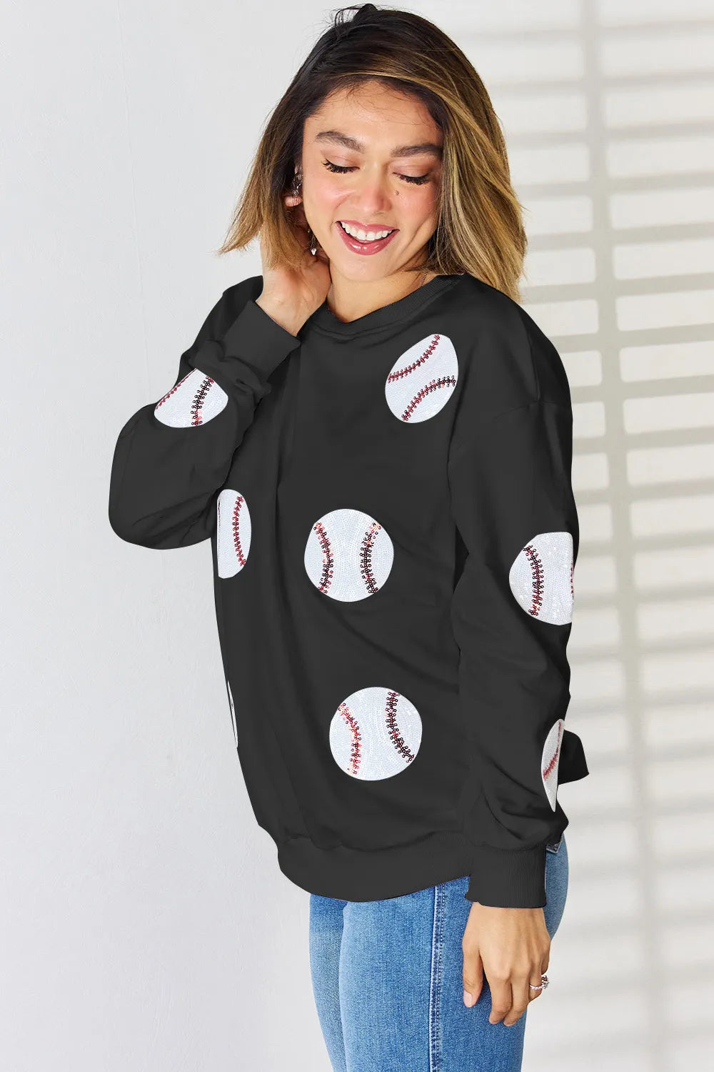 Sequin Baseball Round Neck Dropped Shoulder Sweatshirt (12)