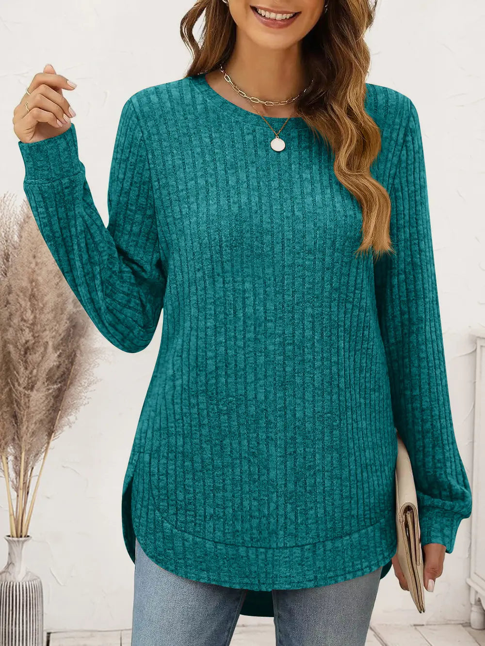 Ribbed Round Neck Long Sleeve T-shirt (8)