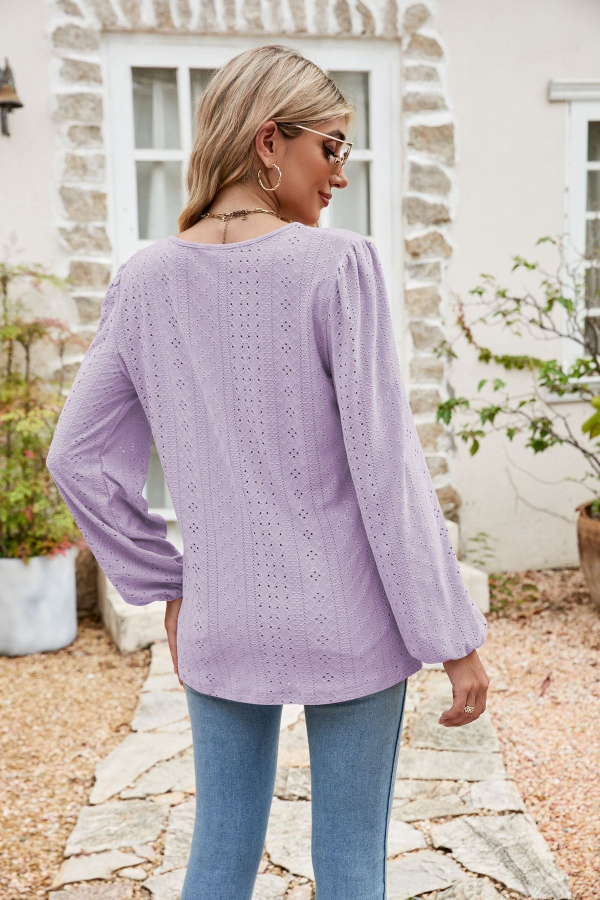 Eyelet Notched Neck Balloon Sleeve Blouse (18)