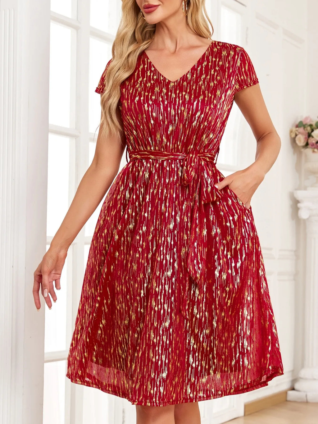 V-neck Metallic Print Dress