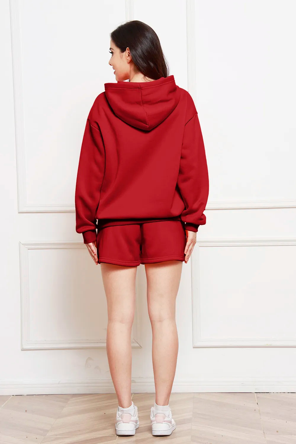 Drop Shoulder Long Sleeve Hoodie Shorts Set (9)
