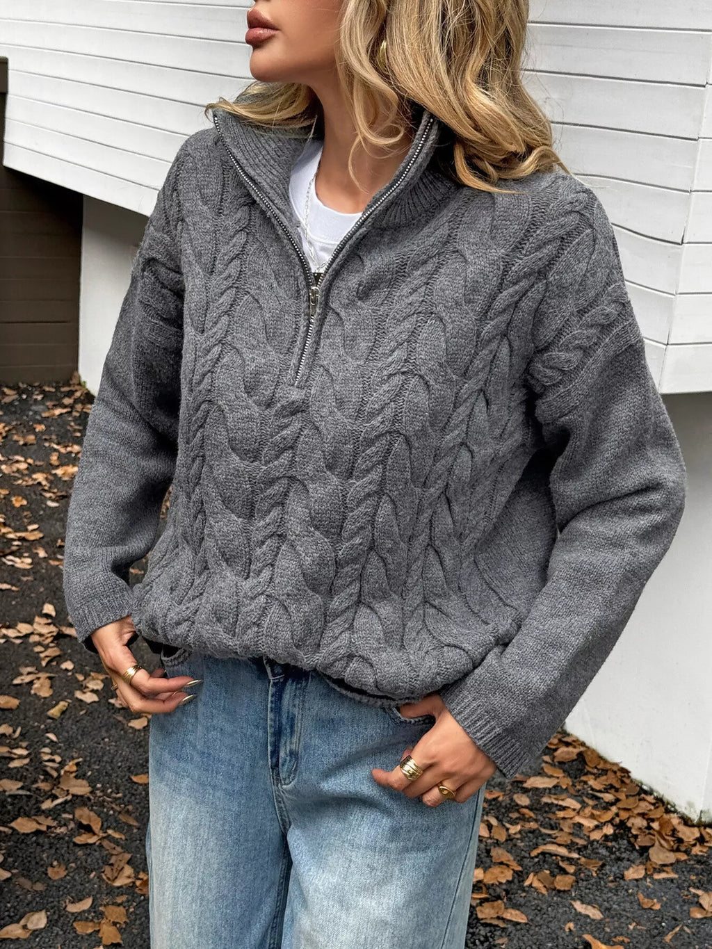Zip Collar Cable-knit Sweater (13)