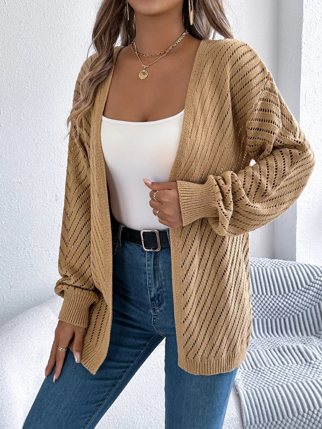 Openwork Open-front Long Sleeve Cardigan (17)