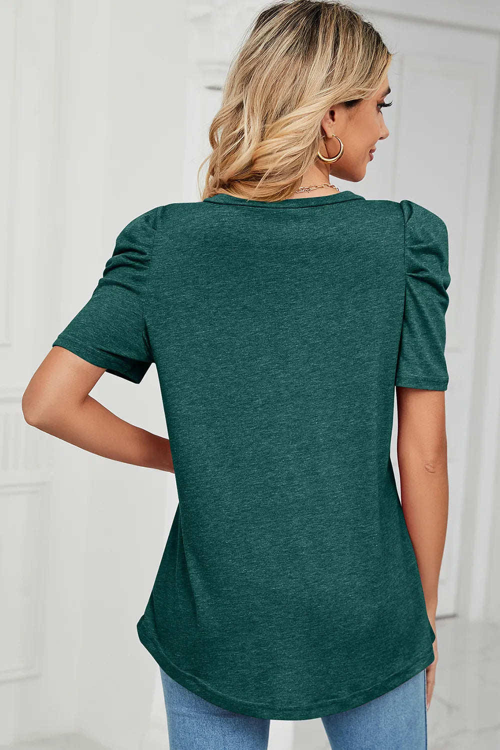 Heathered V-neck Puff Sleeve T-shirt (26)