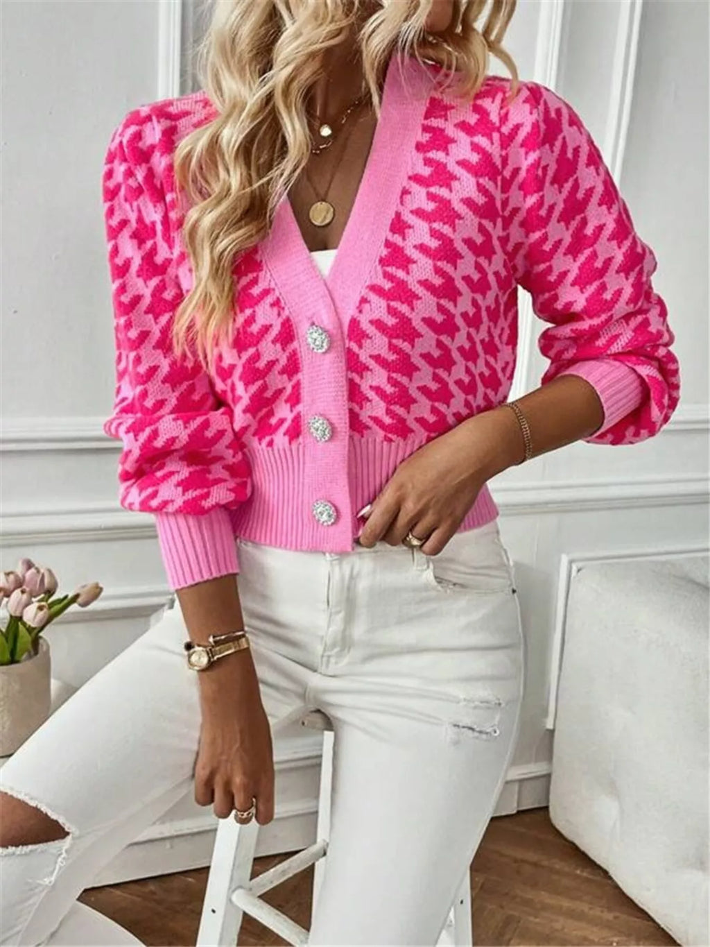 Houndstooth V-neck Button Up Cardigan (20)