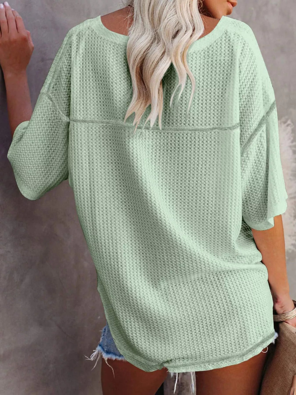 Waffle Knit V-neck Short Sleeve T-shirt (31)