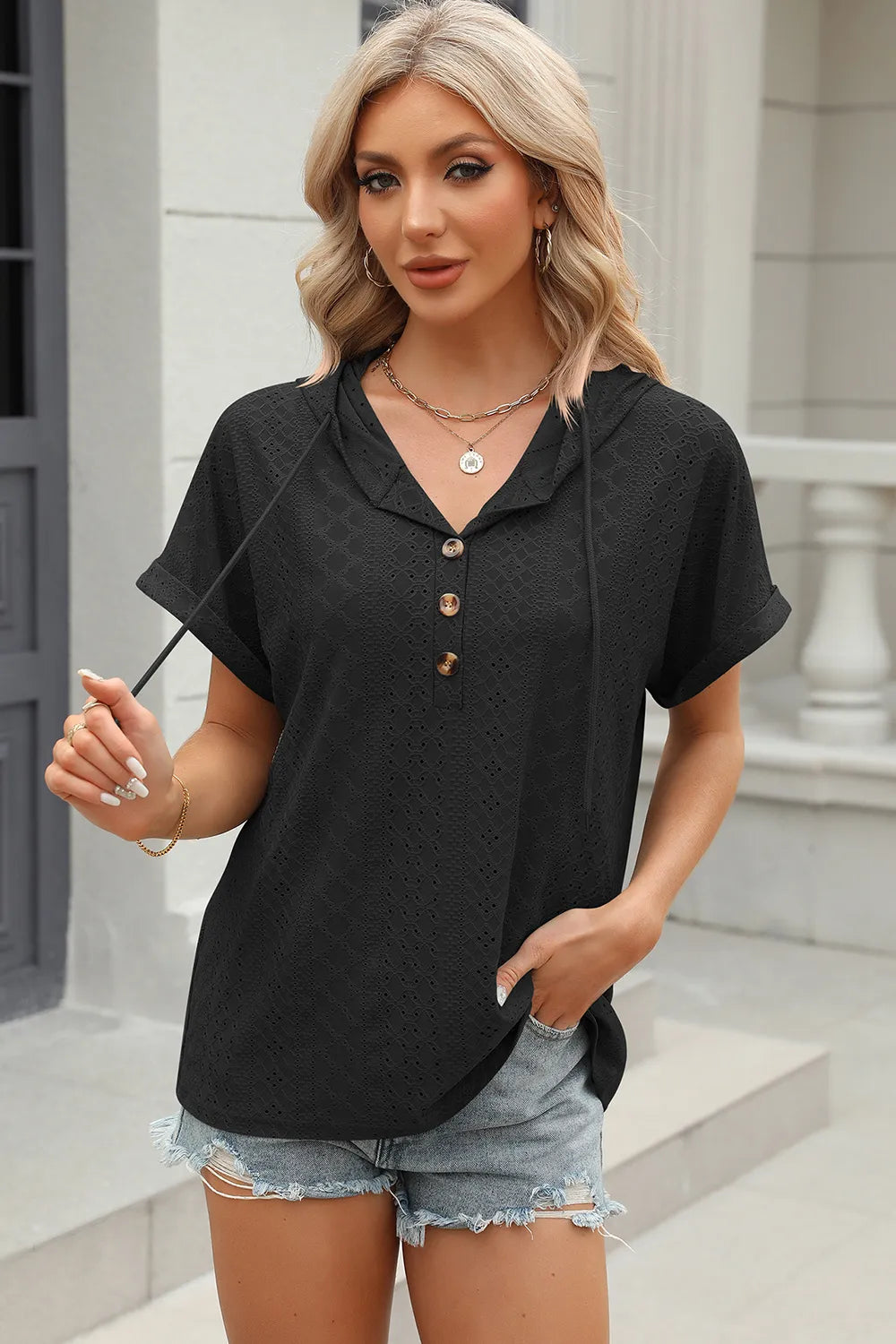 Eyelet Drawstring Hooded Short Sleeve Blouse (23)