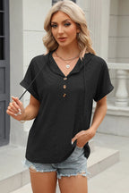 Eyelet Drawstring Hooded Short Sleeve Blouse (23)