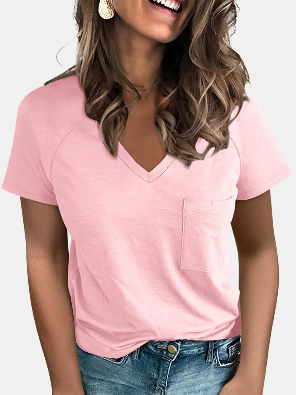 Pocketed V-neck Short Sleeve T-shirt (5)
