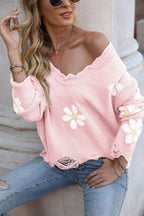 Flower Distressed Ribbed Trim Sweater (14)