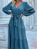 Ruffled Hem V-neck Balloon Sleeve Dress (11)