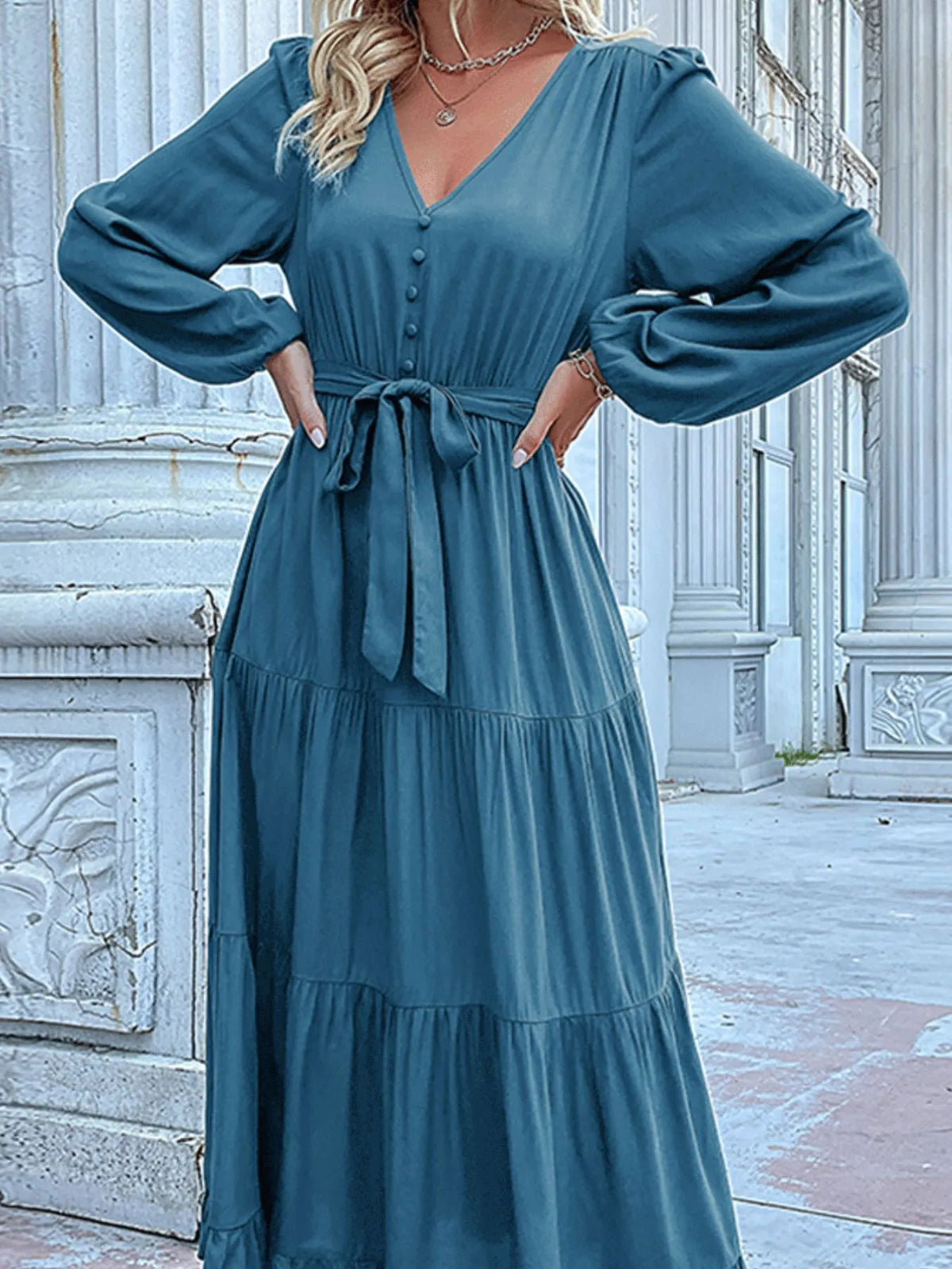 Ruffled Hem V-neck Balloon Sleeve Dress (11)